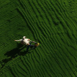 A man in casual comfortable clothes diligently mowing a lush green lawn, with the freshly cut grass creating a pattern.