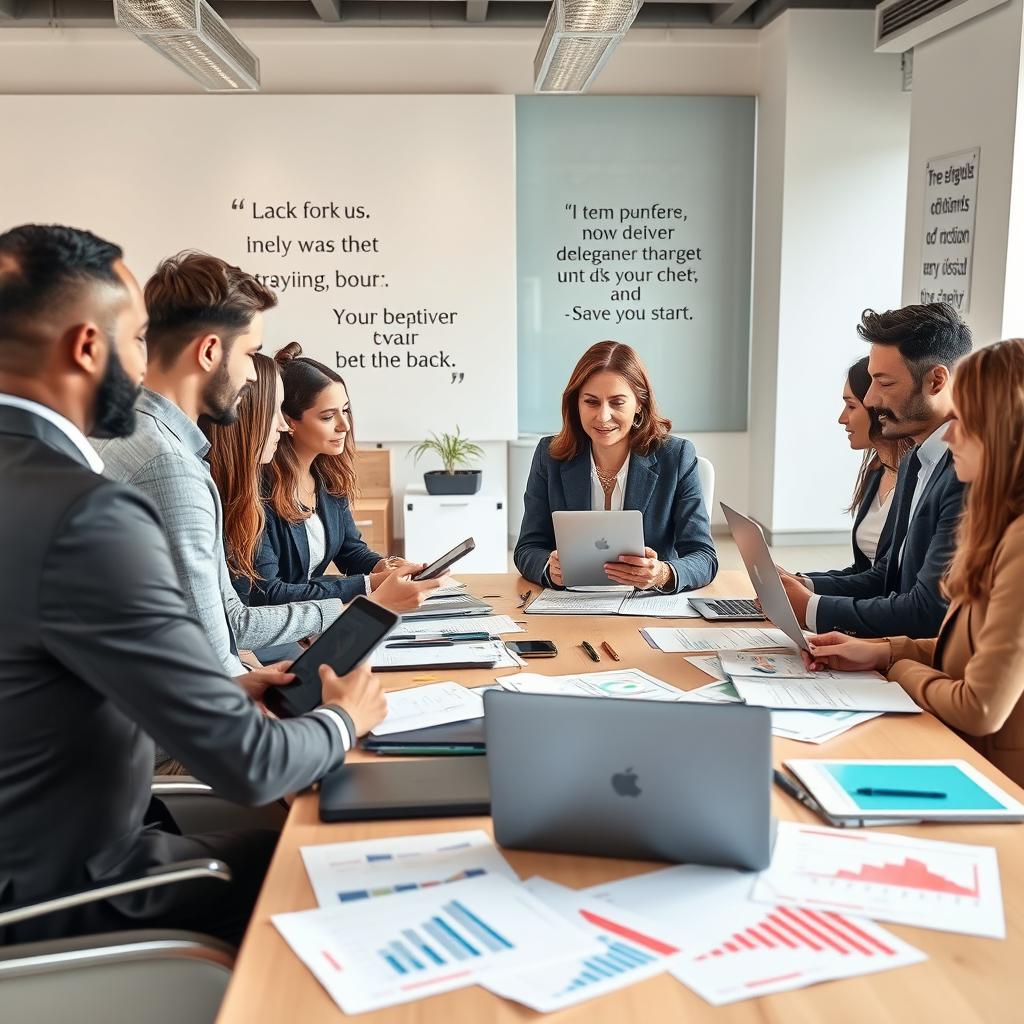 A professional workplace scene capturing an entrepreneur at a modern desk surrounded by diverse team members engaged in collaborative discussions