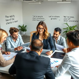A professional workplace scene capturing an entrepreneur at a modern desk surrounded by diverse team members engaged in collaborative discussions