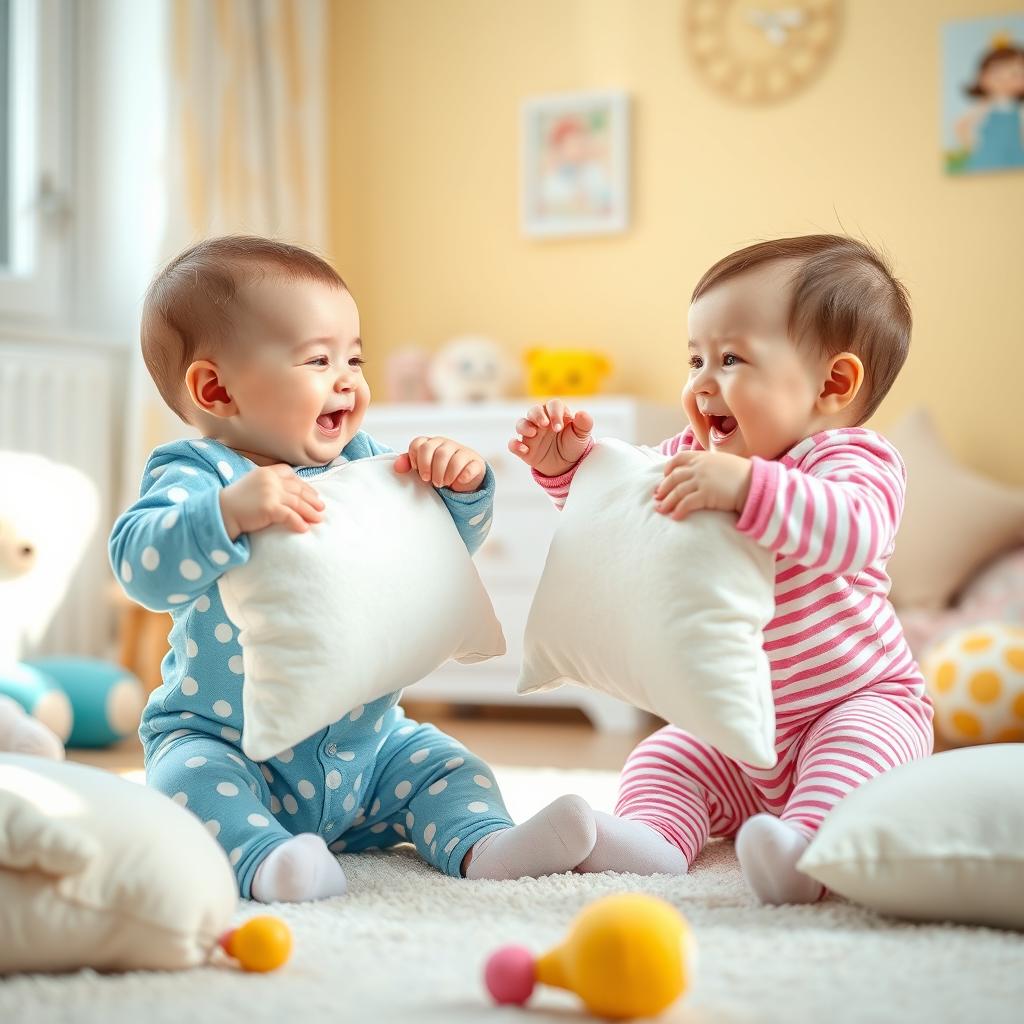 A playful scene depicting two adorable babies engaging in a lighthearted pillow fight, full of laughter and joy