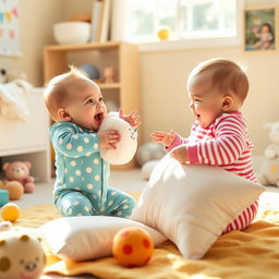 A playful scene depicting two adorable babies engaging in a lighthearted pillow fight, full of laughter and joy