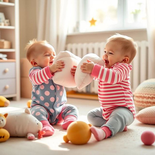 A playful scene depicting two adorable babies engaging in a lighthearted pillow fight, full of laughter and joy