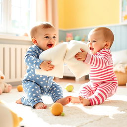 A playful scene depicting two adorable babies engaging in a lighthearted pillow fight, full of laughter and joy