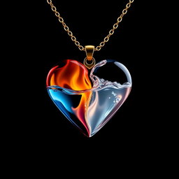 A beautifully designed heart necklace that is split in half, with one side being a vibrant and colorful flame and the other side made of shimmering, translucent water