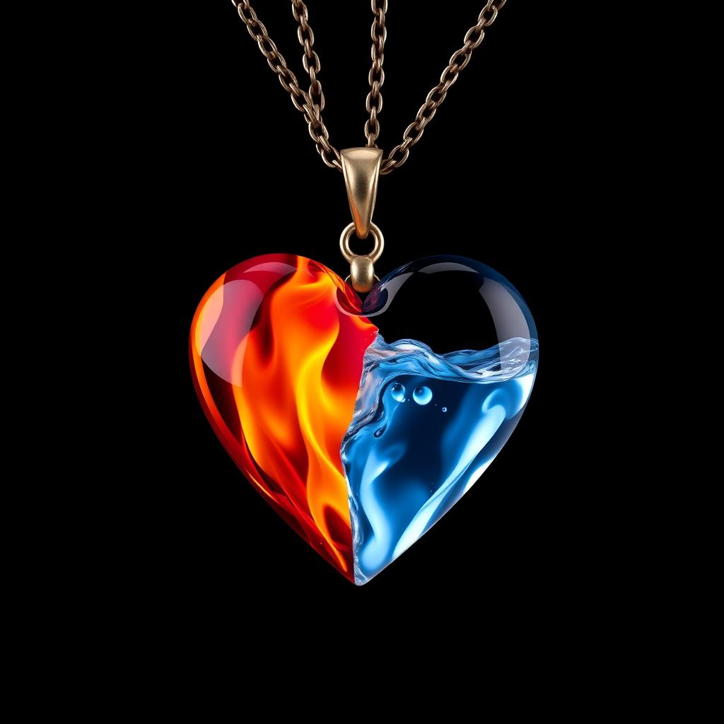 A beautifully designed heart necklace that is split in half, with one side being a vibrant and colorful flame and the other side made of shimmering, translucent water