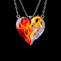 A beautifully designed heart necklace that is split in half, with one side being a vibrant and colorful flame and the other side made of shimmering, translucent water
