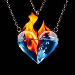 A beautifully designed heart necklace that is split in half, with one side being a vibrant and colorful flame and the other side made of shimmering, translucent water