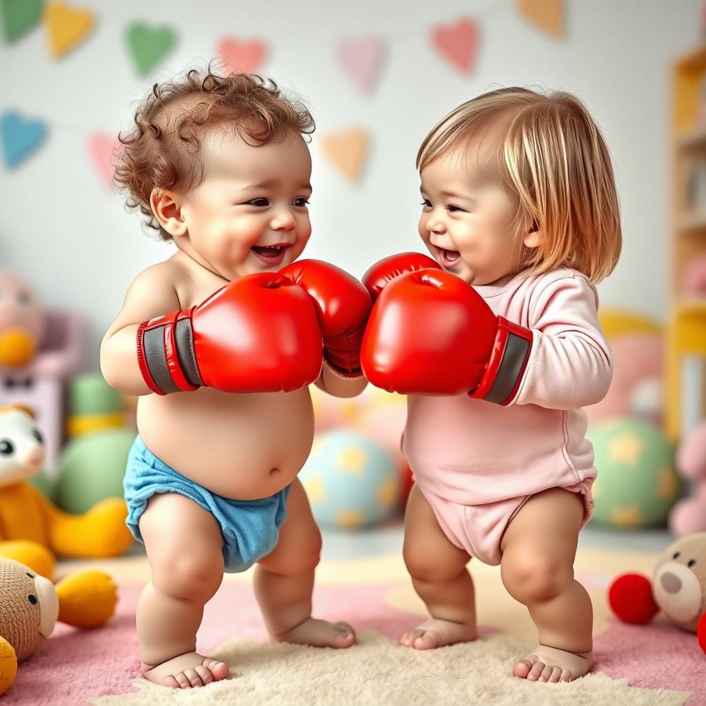 Two adorable, chubby babies playfully boxing with oversized boxing gloves in a colorful playroom