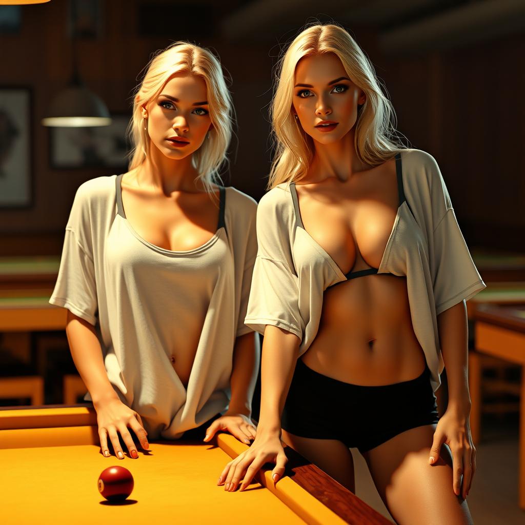 A photo-realistic depiction of two athletic blonde women with sporty, muscular physiques