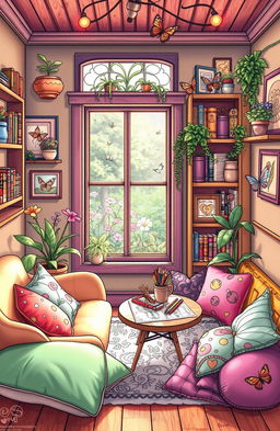 A delightful and whimsical scene featuring various cozy corners designed for coloring adventure, filled with warm lighting and inviting decor