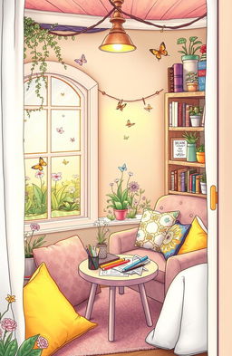 A delightful and whimsical scene featuring various cozy corners designed for coloring adventure, filled with warm lighting and inviting decor