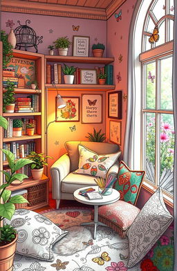 A delightful and whimsical scene featuring various cozy corners designed for coloring adventure, filled with warm lighting and inviting decor