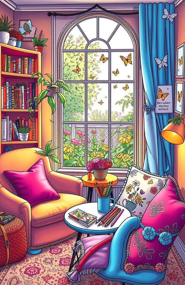 A delightful and whimsical scene featuring various cozy corners designed for coloring adventure, filled with warm lighting and inviting decor