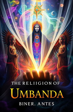A stunning book cover that explores the religion of Umbanda, featuring dimensional beings in vibrant colors and intricate details