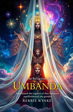 A stunning book cover that explores the religion of Umbanda, featuring dimensional beings in vibrant colors and intricate details