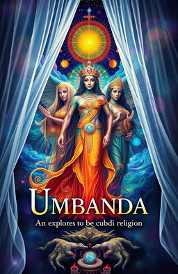 A stunning book cover that explores the religion of Umbanda, featuring dimensional beings in vibrant colors and intricate details