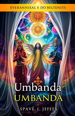 A stunning book cover that explores the religion of Umbanda, featuring dimensional beings in vibrant colors and intricate details