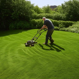 A man in casual comfortable clothes diligently mowing a lush green lawn, with the freshly cut grass creating a pattern.