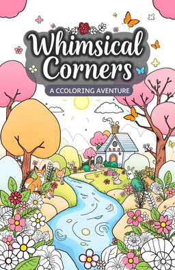 A whimsical and cozy coloring book cover design showcasing an enchanting forest scene with various playful elements