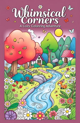 A whimsical and cozy coloring book cover design showcasing an enchanting forest scene with various playful elements