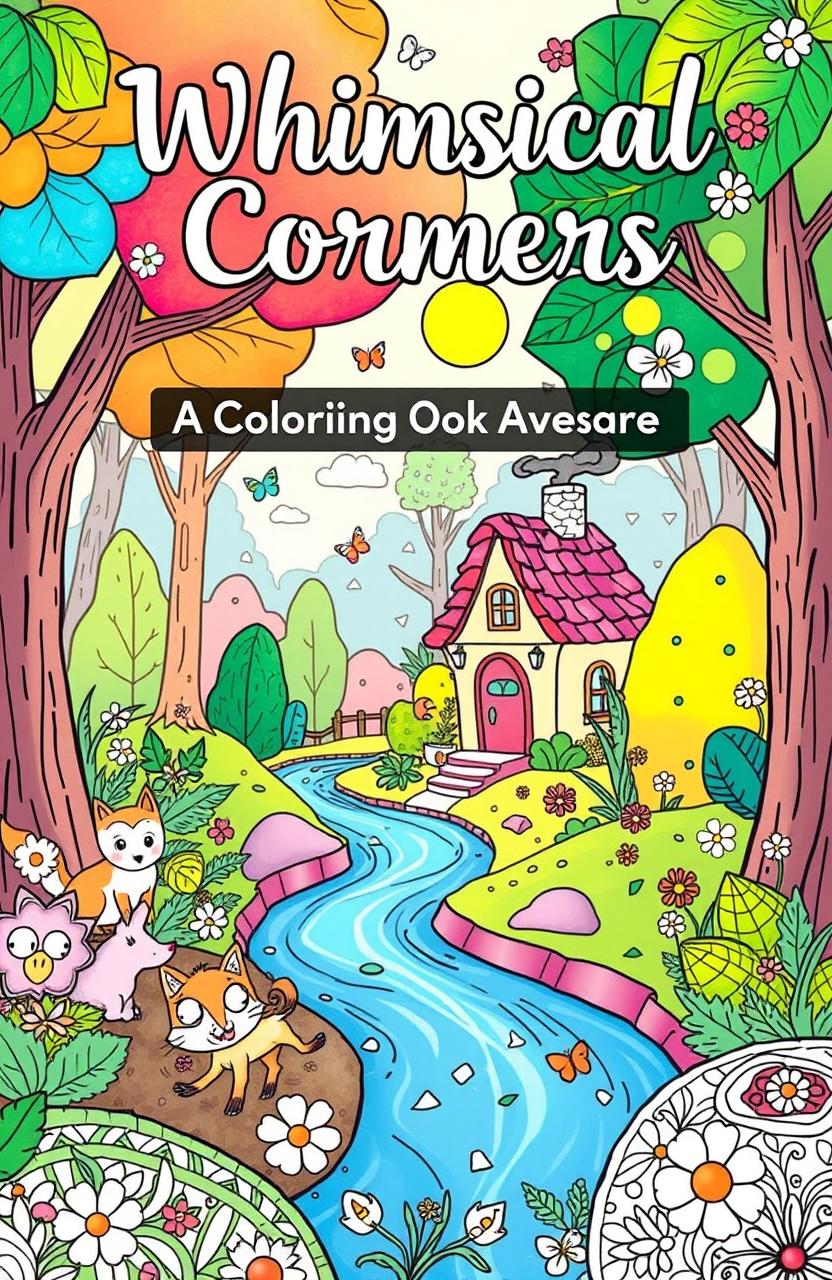 A whimsical and cozy coloring book cover design showcasing an enchanting forest scene with various playful elements