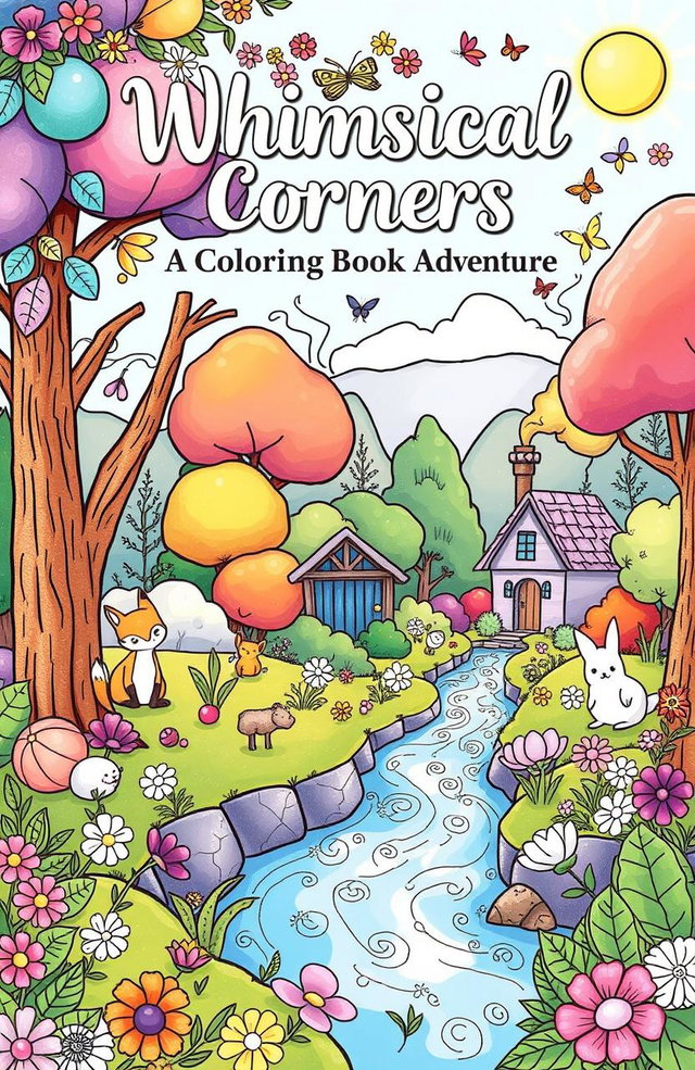 A whimsical and cozy coloring book cover design showcasing an enchanting forest scene with various playful elements