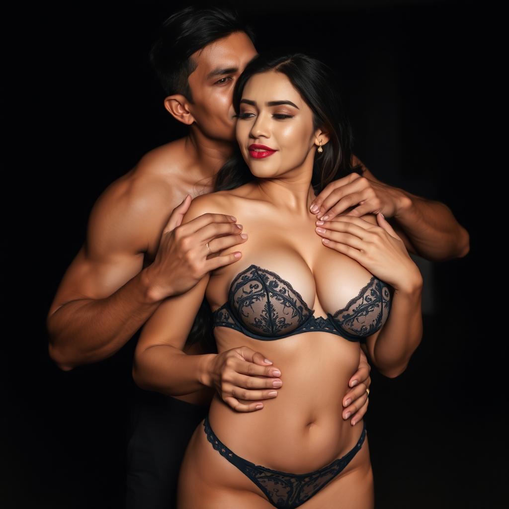 Two Indonesian men are affectionately hugging a beautiful 28-year-old woman from behind, creating an intimidating yet tender vibe