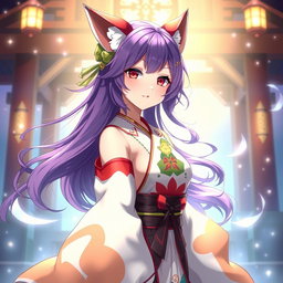 A stunning fusion character, Yae Miko from Genshin Impact, with the facial features of Karina from Aespa