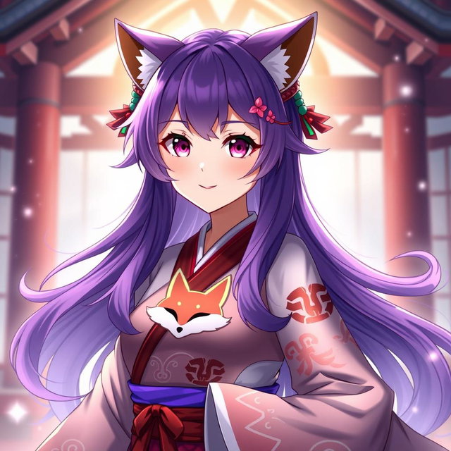 A stunning fusion character, Yae Miko from Genshin Impact, with the facial features of Karina from Aespa