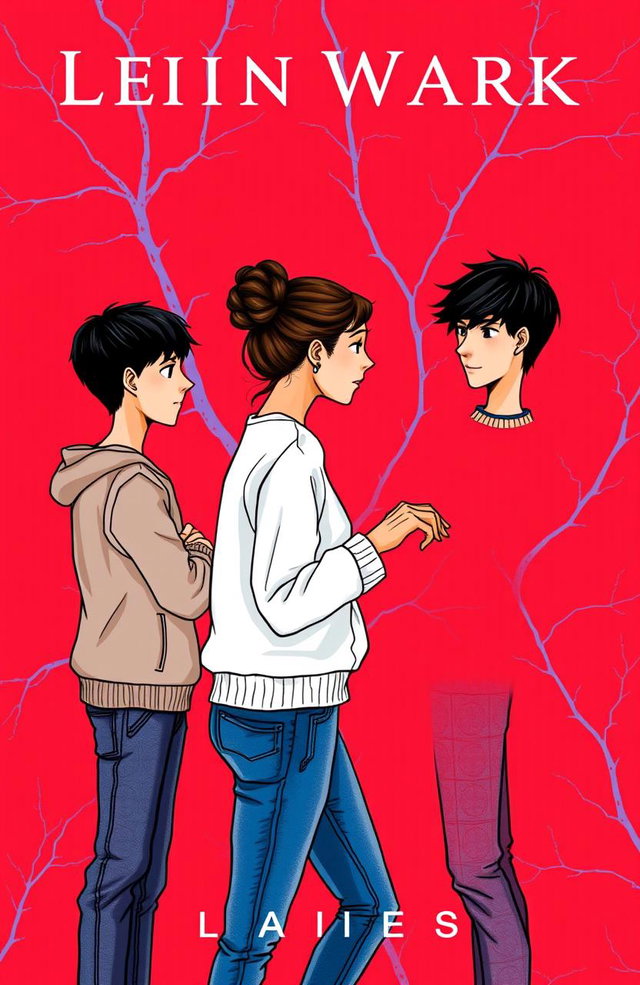 A book cover design featuring a vibrant red background with faint blue and purple veins running through it