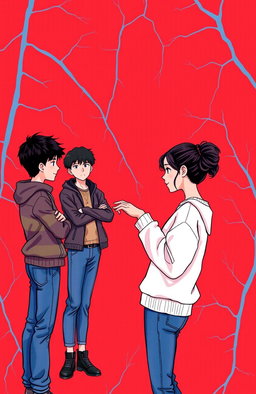 A book cover design featuring a vibrant red background with faint blue and purple veins running through it