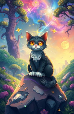 A whimsical and enchanting scene featuring a magical cat with vibrant colors and sparkling effects, reminiscent of Mattai James's art style