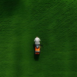 A man in casual comfortable clothes diligently mowing a lush green lawn, with the freshly cut grass creating a pattern.