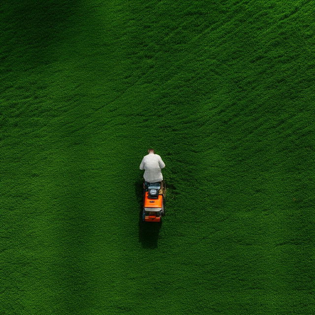 A man in casual comfortable clothes diligently mowing a lush green lawn, with the freshly cut grass creating a pattern.