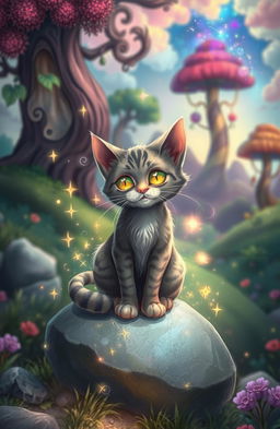 A whimsical and enchanting scene featuring a magical cat with vibrant colors and sparkling effects, reminiscent of Mattai James's art style