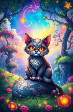 A whimsical and enchanting scene featuring a magical cat with vibrant colors and sparkling effects, reminiscent of Mattai James's art style