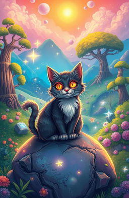 A whimsical and enchanting scene featuring a magical cat with vibrant colors and sparkling effects, reminiscent of Mattai James's art style