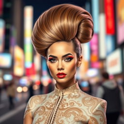 A stunning portrait of a fashionable and chic young woman with extraordinarily tall, voluminous hair styled in an impressive updo