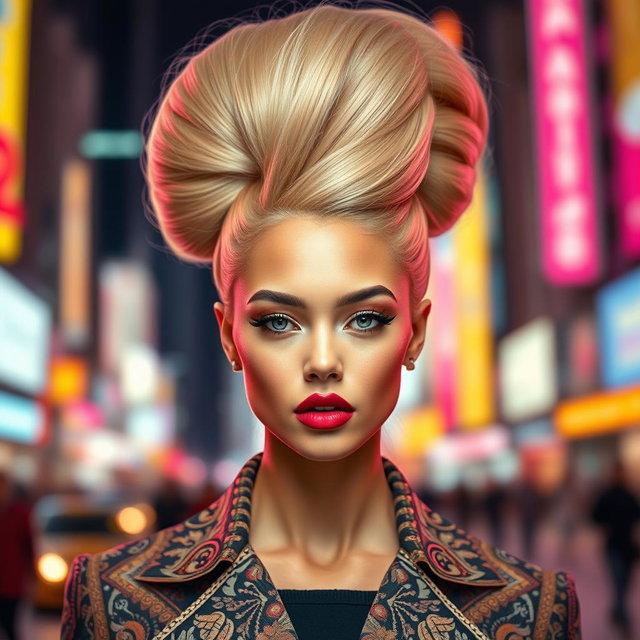 A stunning portrait of a fashionable and chic young woman with extraordinarily tall, voluminous hair styled in an impressive updo