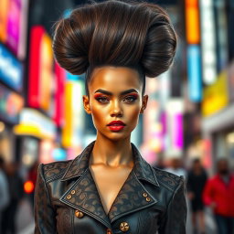 A stunning portrait of a fashionable and chic young woman with extraordinarily tall, voluminous hair styled in an impressive updo