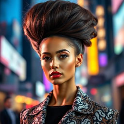 A stunning portrait of a fashionable and chic young woman with extraordinarily tall, voluminous hair styled in an impressive updo