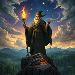 A majestic wizard standing atop a rocky cliff overlooking a mystical landscape