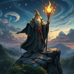 A majestic wizard standing atop a rocky cliff overlooking a mystical landscape