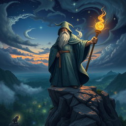 A majestic wizard standing atop a rocky cliff overlooking a mystical landscape