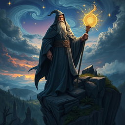 A majestic wizard standing atop a rocky cliff overlooking a mystical landscape