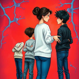 A colorful and artistic book cover illustration featuring a vibrant red background with faint blue and purple veins