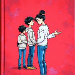 A colorful and artistic book cover illustration featuring a vibrant red background with faint blue and purple veins