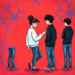 A colorful and artistic book cover illustration featuring a vibrant red background with faint blue and purple veins