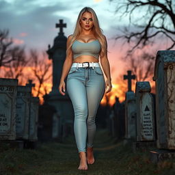 A beautiful and stunning hourglass-shaped woman with medium breasts, very wide, bulging hips, thick round thighs, and long, shapely legs