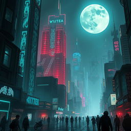 A stunning cyberpunk cityscape at night, illuminated by neon lights, with towering skyscrapers featuring intricate holographic displays